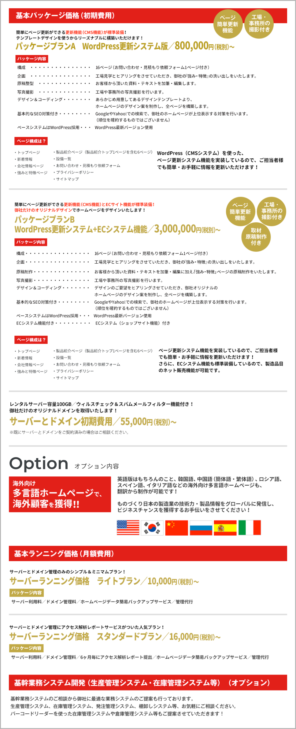 製造業ホームページ　料金表 基本パッケージ(初期費用)